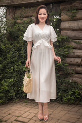 Silk Midi Dress with Tiered Flutter Sleeves and Ruffle Waist Detail for Feminine Daywear